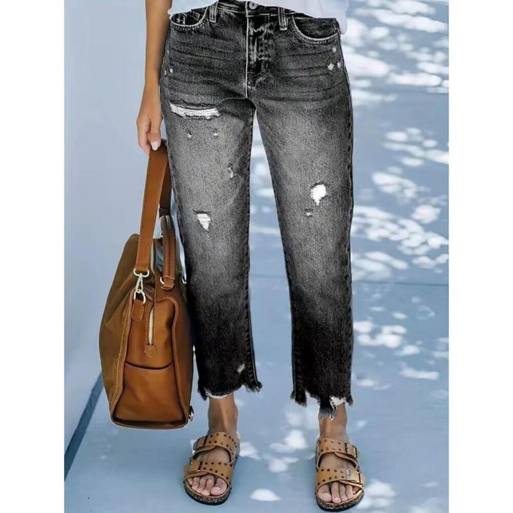 Everyday the Label Distressed Straight Leg Jeans Women Dark Gray - Picture 4 of 6